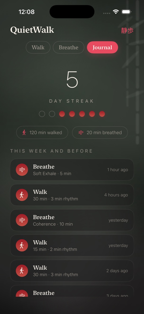 QuietWalk journal in dark mode